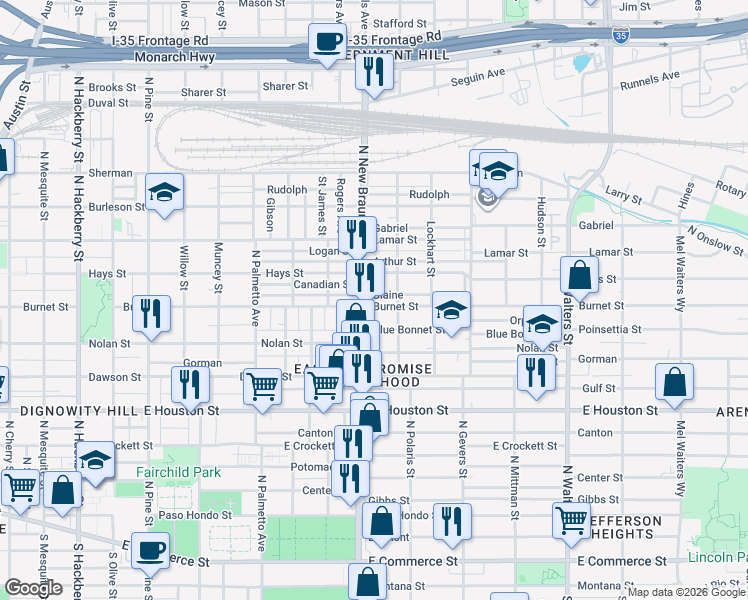 map of restaurants, bars, coffee shops, grocery stores, and more near 121 Blue Bonnet Street in San Antonio