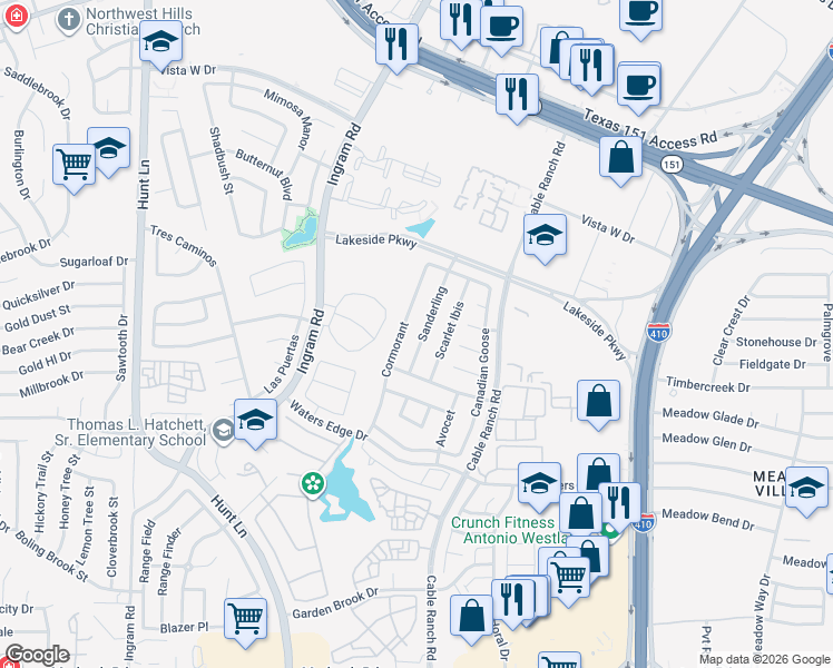 map of restaurants, bars, coffee shops, grocery stores, and more near 710 Sanderling in San Antonio