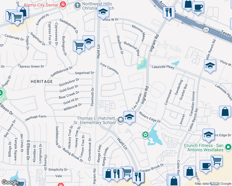 map of restaurants, bars, coffee shops, grocery stores, and more near 9206 Centro Grande in San Antonio