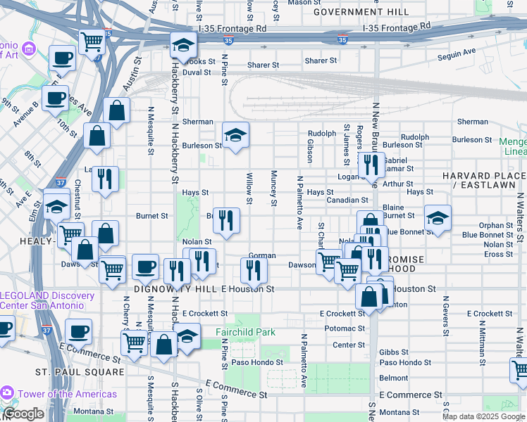 map of restaurants, bars, coffee shops, grocery stores, and more near 1019 Burnet Street in San Antonio