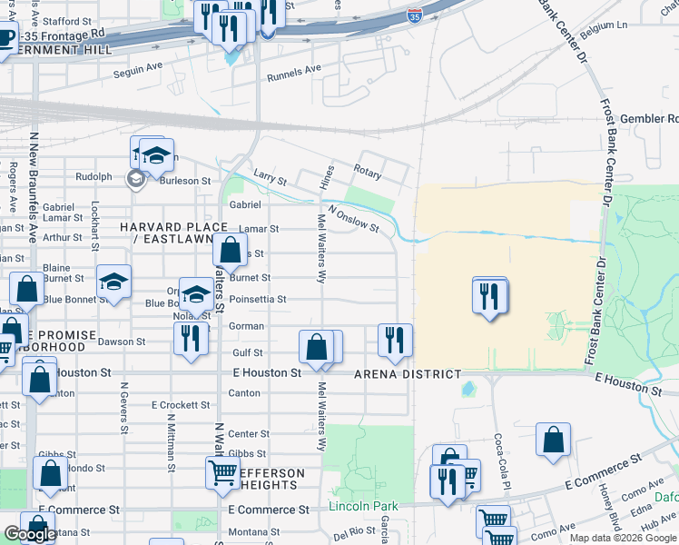 map of restaurants, bars, coffee shops, grocery stores, and more near 1023 Poinsettia Street in San Antonio
