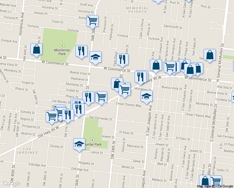 map of restaurants, bars, coffee shops, grocery stores, and more near 403 West Old Us Highway 90 in San Antonio