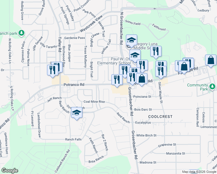 map of restaurants, bars, coffee shops, grocery stores, and more near 414 Tequila Ranch in San Antonio