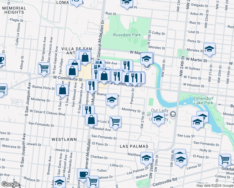 map of restaurants, bars, coffee shops, grocery stores, and more near 4407 Buena Vista Street in San Antonio