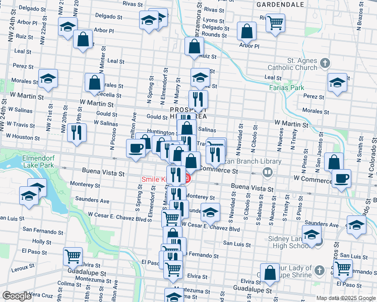 map of restaurants, bars, coffee shops, grocery stores, and more near 2806 West Houston Street in San Antonio