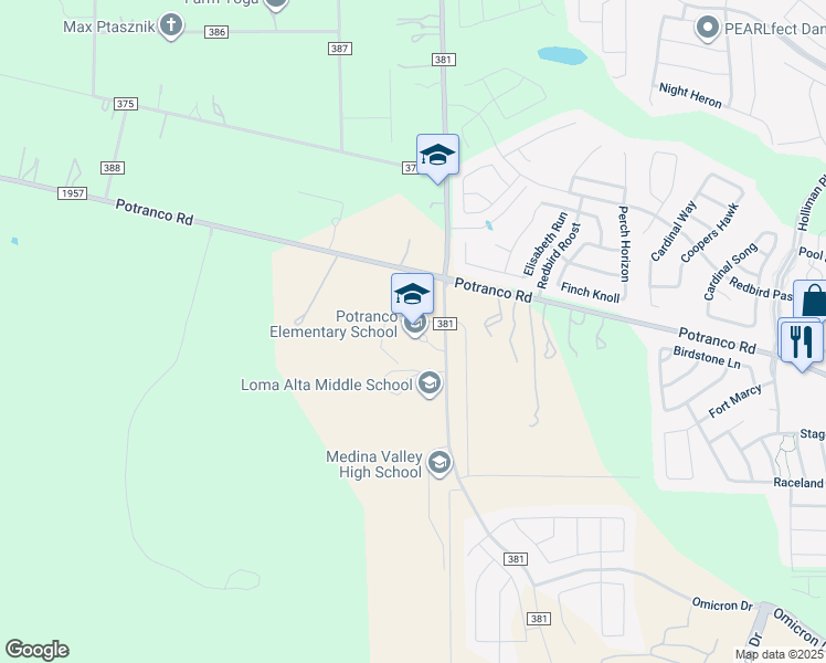 map of restaurants, bars, coffee shops, grocery stores, and more near 190 County Road 381 in San Antonio
