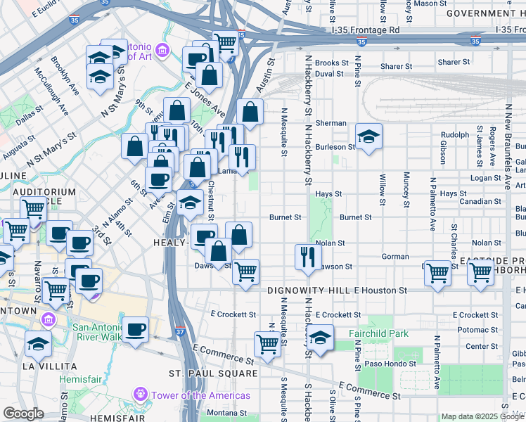 map of restaurants, bars, coffee shops, grocery stores, and more near 727 North Cherry Street in San Antonio