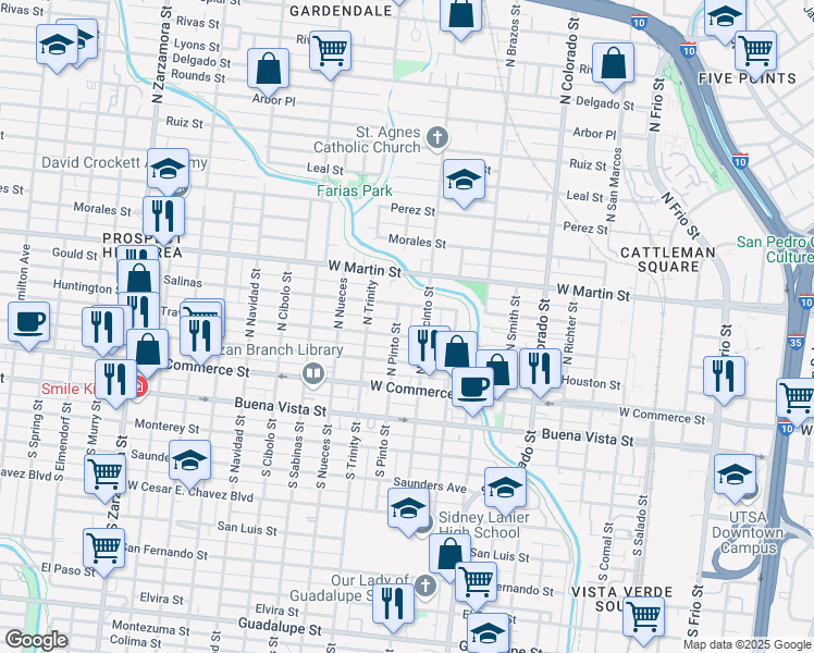 map of restaurants, bars, coffee shops, grocery stores, and more near 107 Jesus Street in San Antonio