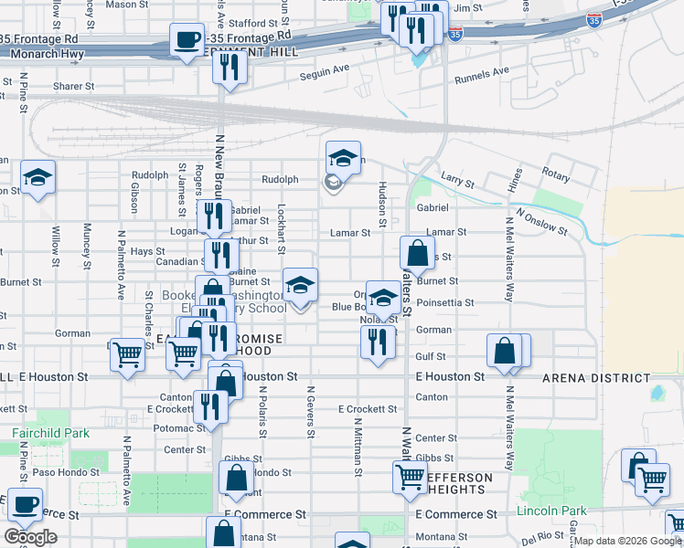 map of restaurants, bars, coffee shops, grocery stores, and more near 1727 Hays Street in San Antonio