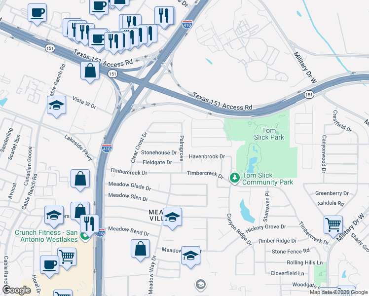 map of restaurants, bars, coffee shops, grocery stores, and more near 626 Palmgrove in San Antonio