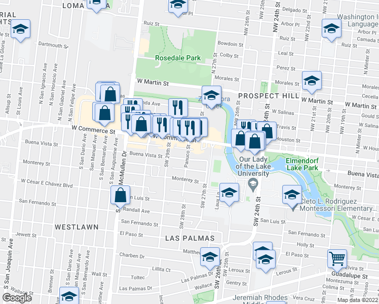 map of restaurants, bars, coffee shops, grocery stores, and more near 218 Panuco Street in San Antonio