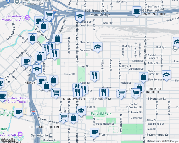 map of restaurants, bars, coffee shops, grocery stores, and more near 814 North Olive Street in San Antonio