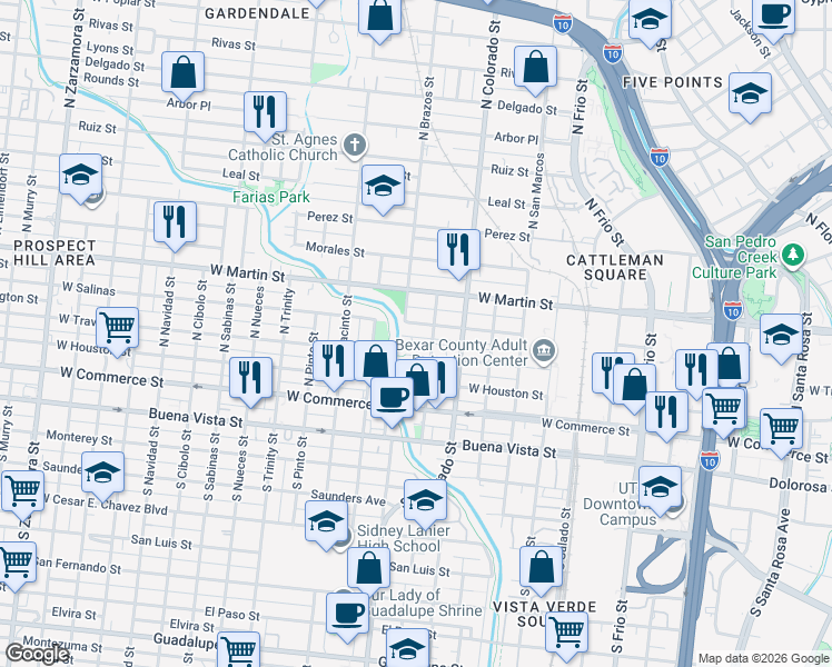 map of restaurants, bars, coffee shops, grocery stores, and more near 1717 West Salinas in San Antonio
