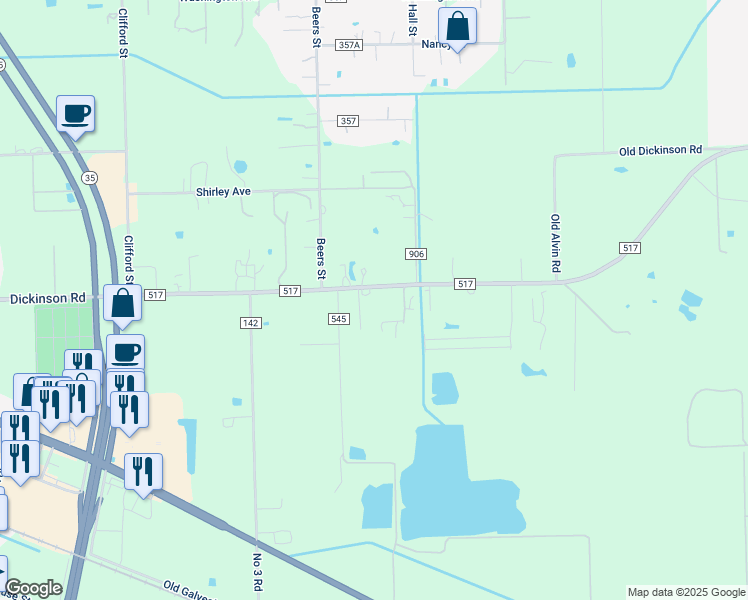 map of restaurants, bars, coffee shops, grocery stores, and more near 1047 Farm to Market Road 517 in Dickinson