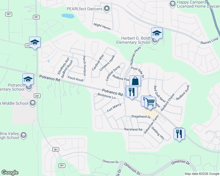 map of restaurants, bars, coffee shops, grocery stores, and more near 15339 Nesting Way in San Antonio