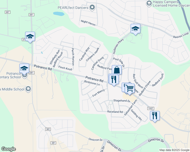 map of restaurants, bars, coffee shops, grocery stores, and more near 15339 Nesting Way in San Antonio
