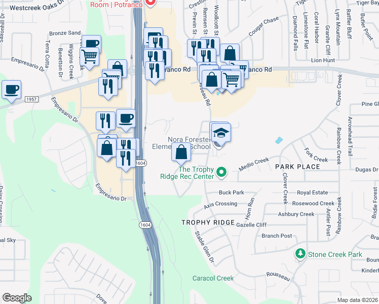 map of restaurants, bars, coffee shops, grocery stores, and more near 335 Willow Grove Drive in San Antonio
