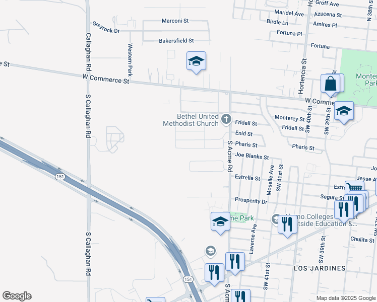 map of restaurants, bars, coffee shops, grocery stores, and more near 5215 Judges Trail in San Antonio