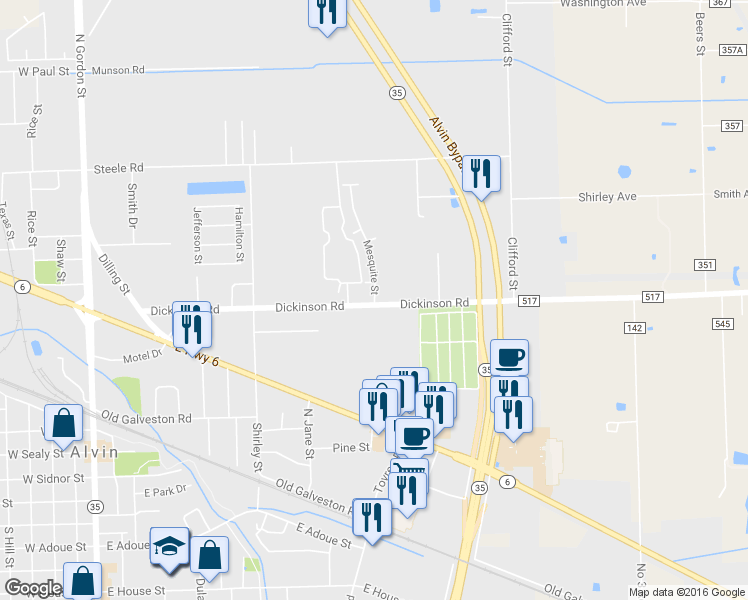 map of restaurants, bars, coffee shops, grocery stores, and more near 716 Mesquite Street in Alvin