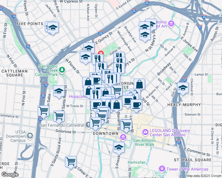 map of restaurants, bars, coffee shops, grocery stores, and more near 300 Convent Street in San Antonio