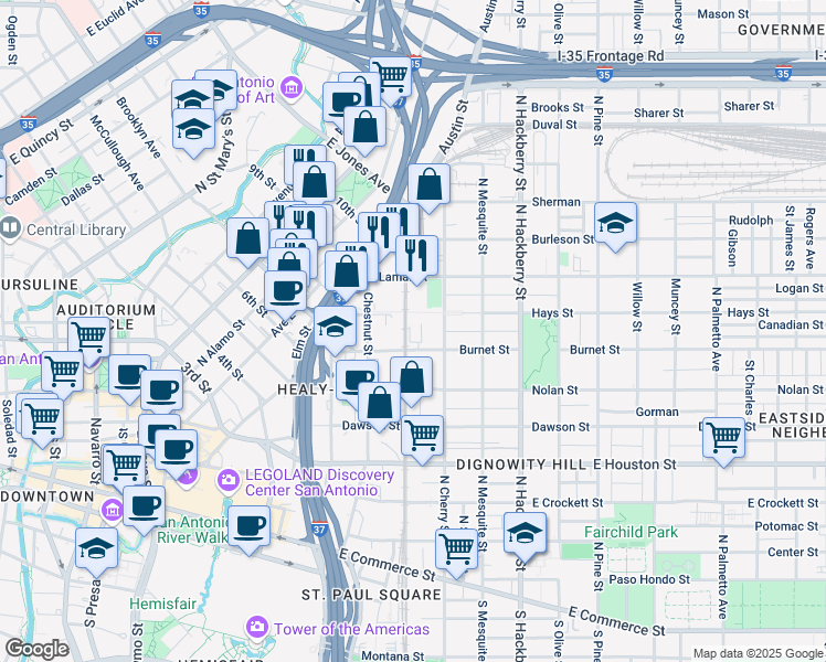 map of restaurants, bars, coffee shops, grocery stores, and more near 226 Hays Street in San Antonio