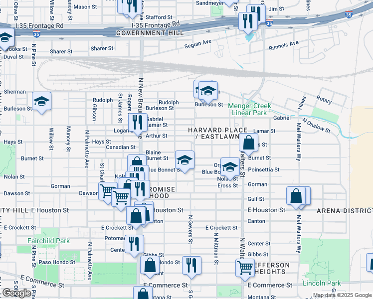 map of restaurants, bars, coffee shops, grocery stores, and more near 1634 Hays Street in San Antonio