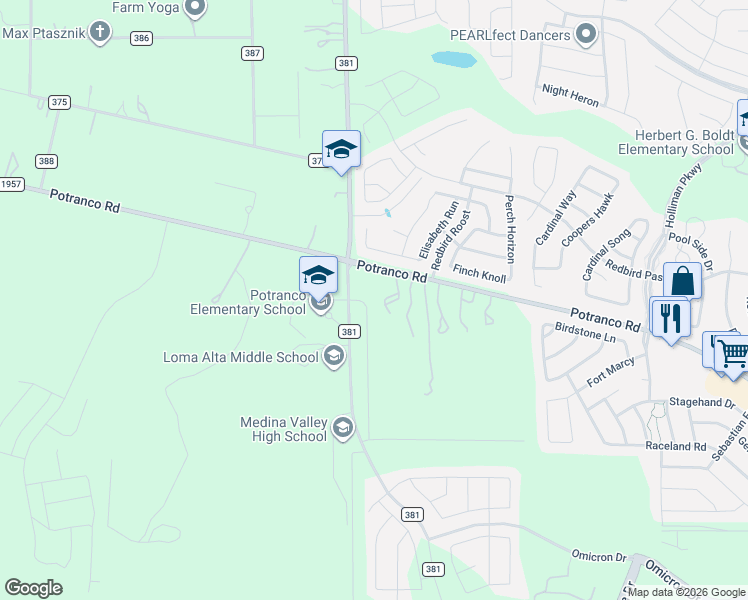 map of restaurants, bars, coffee shops, grocery stores, and more near 15850 Farm to Market Road 1957 in San Antonio