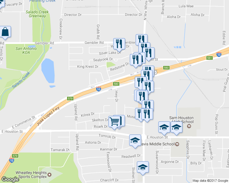 map of restaurants, bars, coffee shops, grocery stores, and more near 4300 U.S. 90 in San Antonio