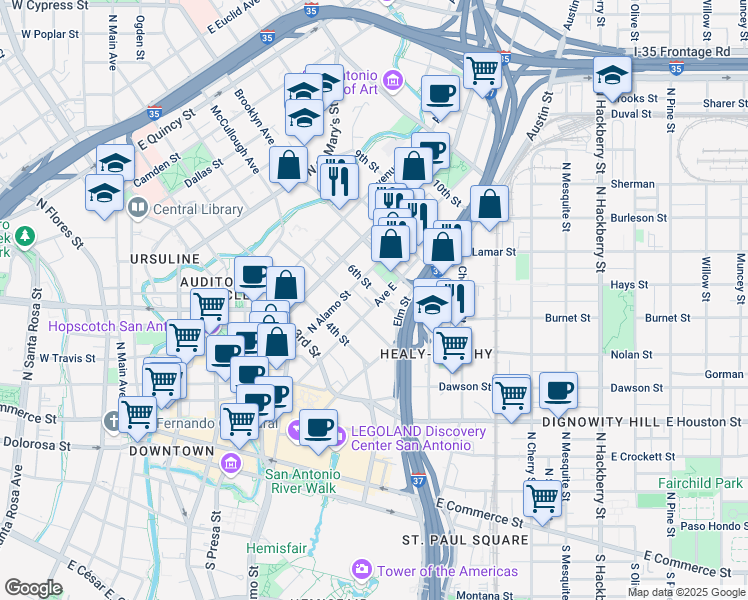 map of restaurants, bars, coffee shops, grocery stores, and more near 421 6th Street in San Antonio