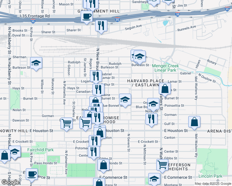 map of restaurants, bars, coffee shops, grocery stores, and more near 1524 Hays Street in San Antonio