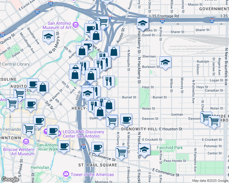 map of restaurants, bars, coffee shops, grocery stores, and more near 727 North Cherry Street in San Antonio