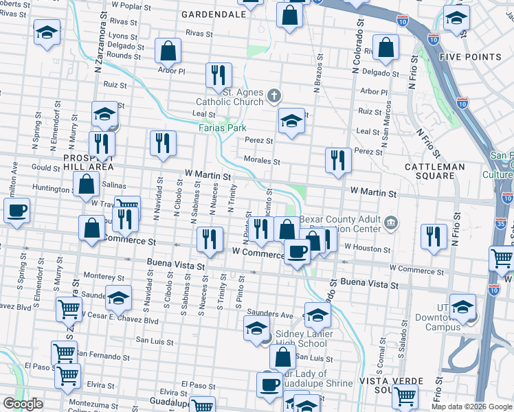 map of restaurants, bars, coffee shops, grocery stores, and more near 2001 West Salinas in San Antonio