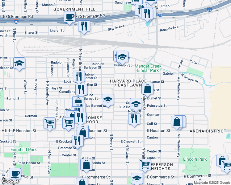 map of restaurants, bars, coffee shops, grocery stores, and more near 1727 Hays Street in San Antonio