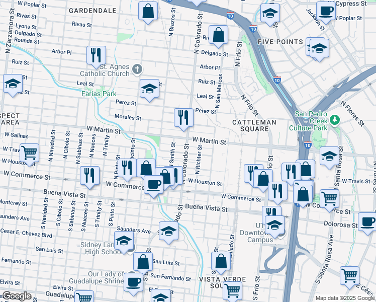 map of restaurants, bars, coffee shops, grocery stores, and more near 304 Flake Alley in San Antonio