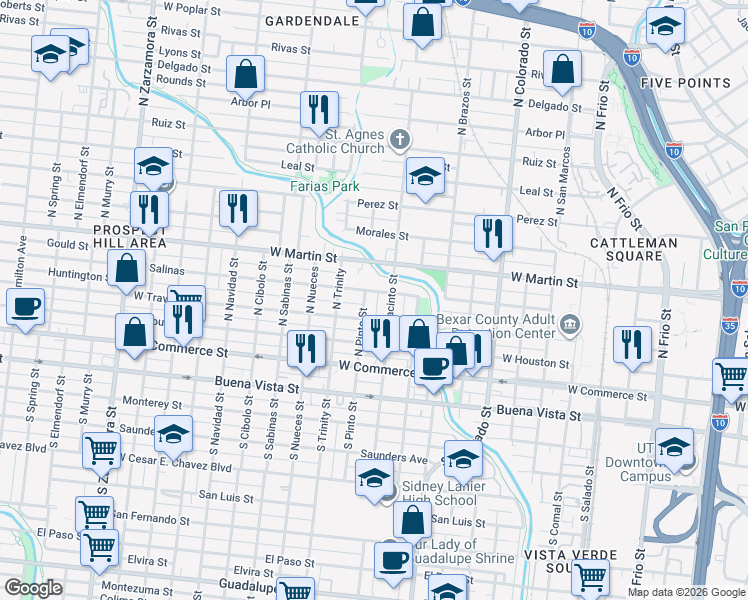 map of restaurants, bars, coffee shops, grocery stores, and more near 2001 West Salinas in San Antonio