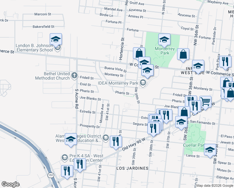 map of restaurants, bars, coffee shops, grocery stores, and more near 511 Pharis Street in San Antonio