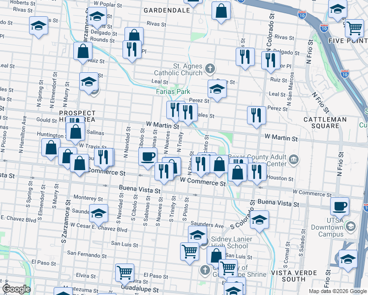map of restaurants, bars, coffee shops, grocery stores, and more near 2112 West Salinas in San Antonio