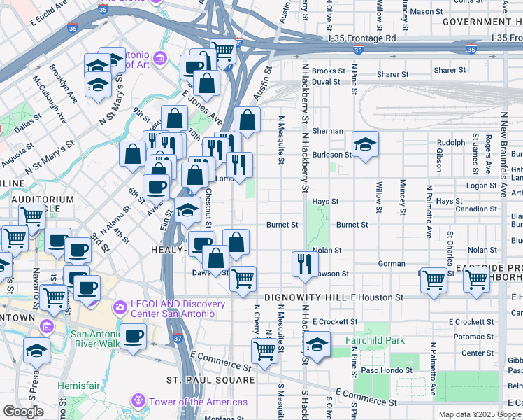 map of restaurants, bars, coffee shops, grocery stores, and more near 727 North Cherry Street in San Antonio