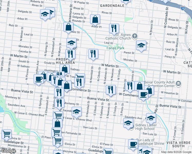 map of restaurants, bars, coffee shops, grocery stores, and more near 2407 West Travis Street in San Antonio