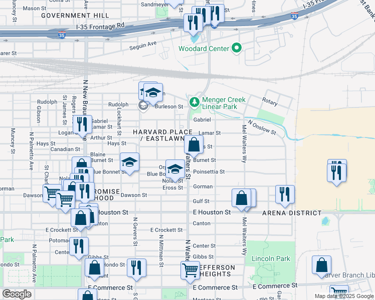 map of restaurants, bars, coffee shops, grocery stores, and more near 1223 North Walters Street in San Antonio