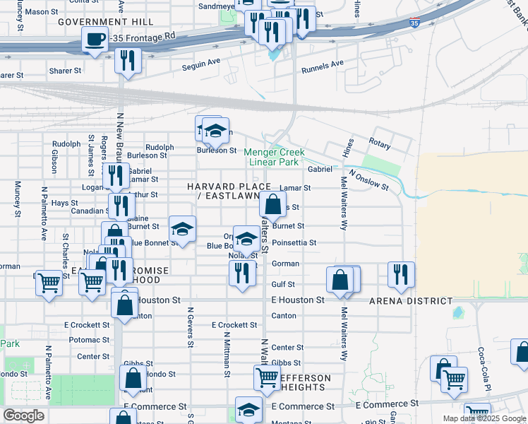 map of restaurants, bars, coffee shops, grocery stores, and more near 1223 North Walters Street in San Antonio