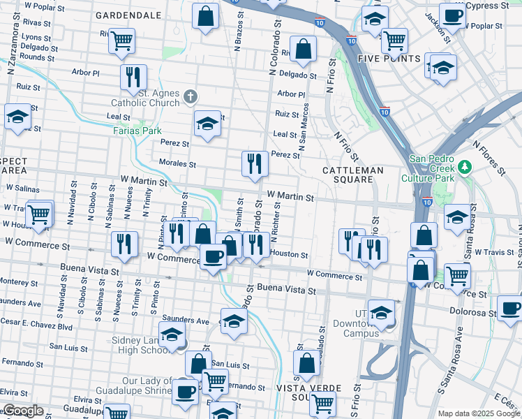 map of restaurants, bars, coffee shops, grocery stores, and more near 304 Flake Alley in San Antonio