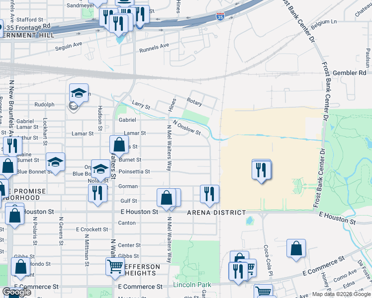 map of restaurants, bars, coffee shops, grocery stores, and more near 2222 Hays Street in San Antonio