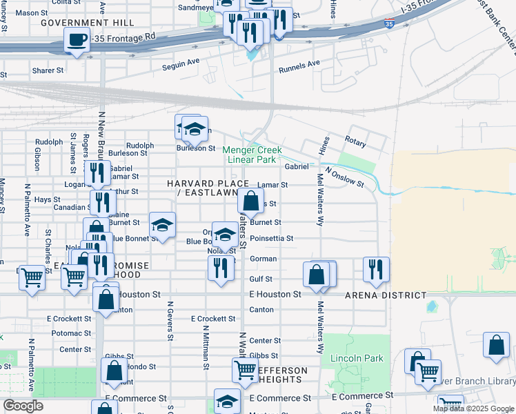 map of restaurants, bars, coffee shops, grocery stores, and more near 2035 Hays Street in San Antonio