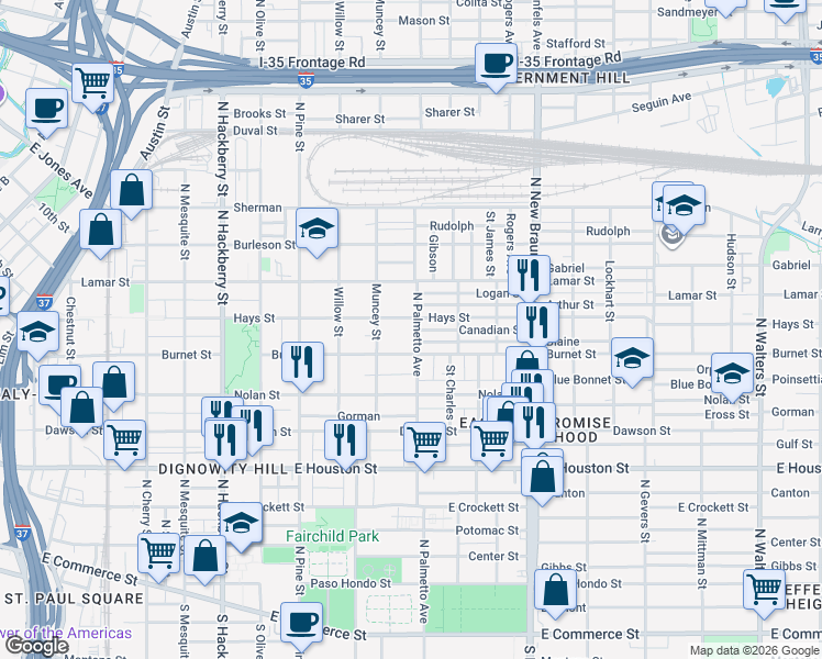 map of restaurants, bars, coffee shops, grocery stores, and more near 1030 Hays Street in San Antonio