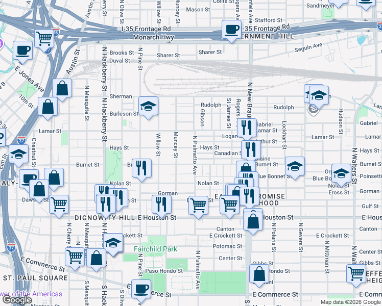 map of restaurants, bars, coffee shops, grocery stores, and more near 1030 Hays Street in San Antonio