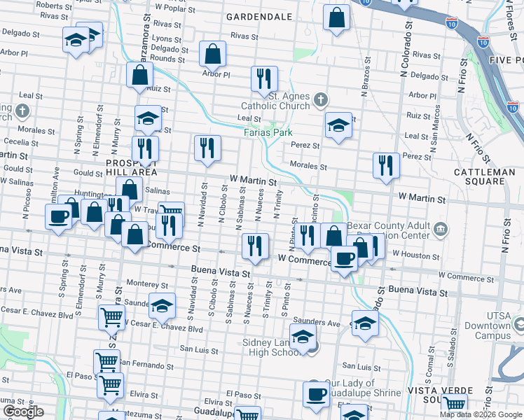 map of restaurants, bars, coffee shops, grocery stores, and more near 326 North Nueces in San Antonio