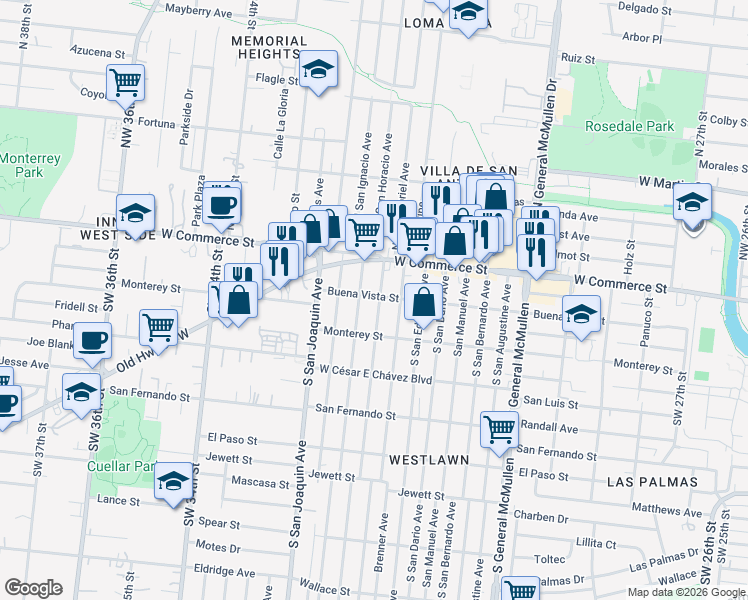 map of restaurants, bars, coffee shops, grocery stores, and more near 131 South San Gabriel Avenue in San Antonio