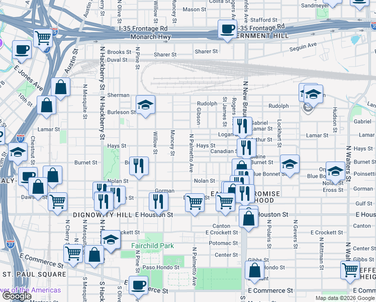 map of restaurants, bars, coffee shops, grocery stores, and more near 1030 Hays Street in San Antonio