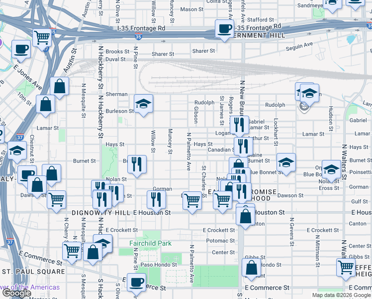 map of restaurants, bars, coffee shops, grocery stores, and more near 1030 Hays Street in San Antonio